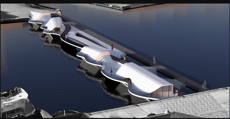 The CRUX bridge unfolds across the water as a continuous ribbon of parametric architecture redefining urban connectivity in Copenhagen.