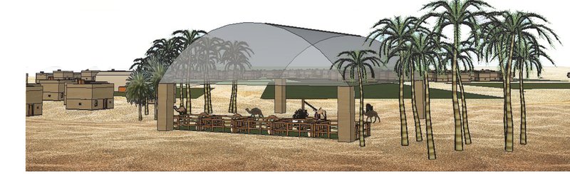 Shaded gathering pavilion with palm trees and camel resting areas at the settlement’s edge.