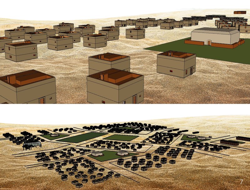 Aerial view of the full settlement showing neighborhoods, paths, and green buffers.