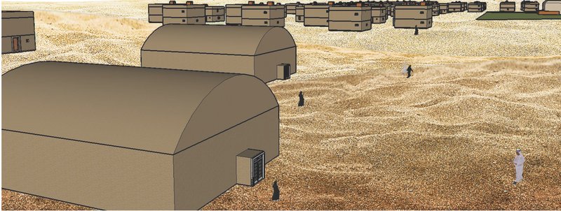 Rounded-roof bathhouse structures integrated into the desert landscape.