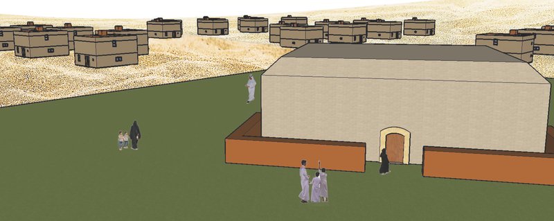 Large communal building placed within landscaped green fields, serving as a shared social hub.