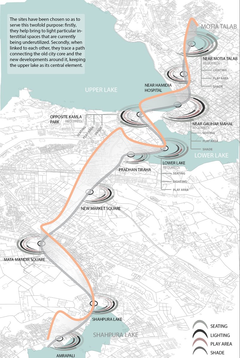 Connecting Old and New Bhopal through a continuous path of inclusive urban public space architecture along the lakes.