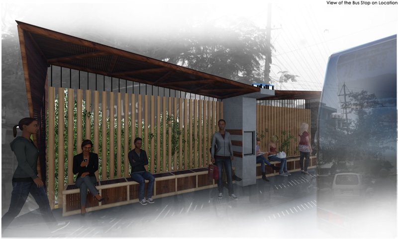 Bus stop shelter with vertical timber slats and planted screens with people waiting beneath the angled canopy