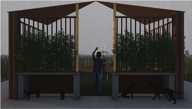 Symmetrical elevation of two timber-framed modules with hanging planters and a person standing between them at dusk