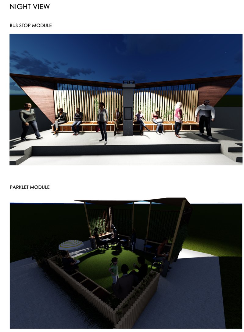 Night view model of the illuminated bus stop module and top-down view of the planted parklet module