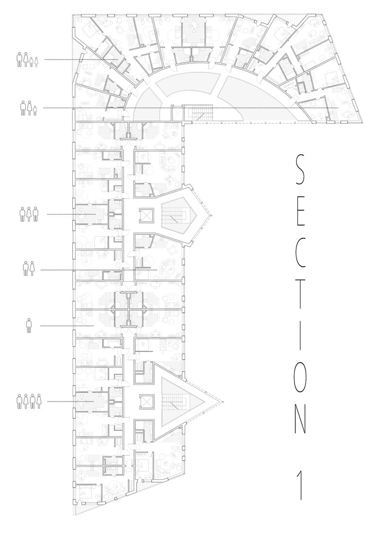 Section plan showing one residential wing with a curved bay at the northern end and scale figures