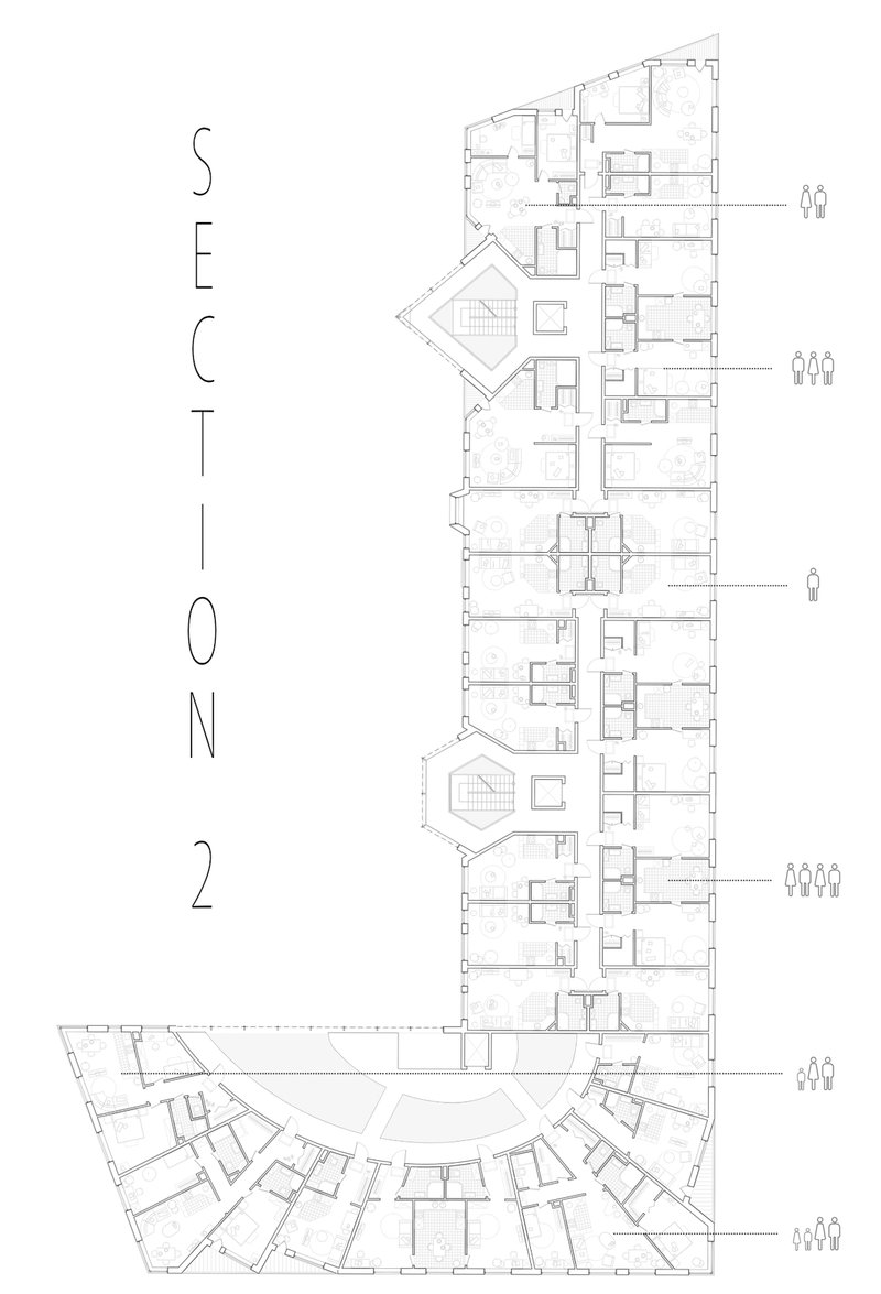 Section plan showing paired residential wings meeting at the curved southern courtyard with annotated occupancy groups
