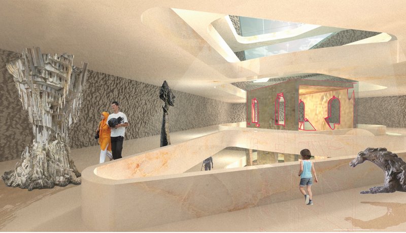 A layered interior where preserved ruins, sculptural installations, and filtered natural light create a multi-sensory museum experience.