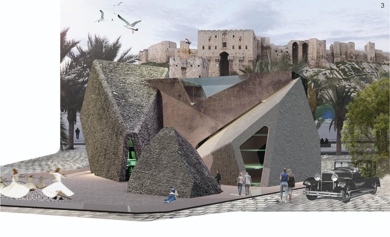 A striking geometric museum volume emerges from the urban fabric of Aleppo, framing a powerful dialogue between contemporary form and historic landscape.