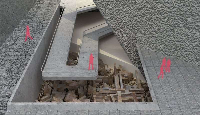 A descending path reveals untouched war debris beneath the structure, allowing visitors to confront the city’s material memory up close.