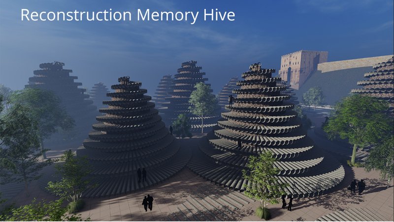 Beehive-inspired reconstruction domes forming a symbolic urban landscape beside the Aleppo Citadel.