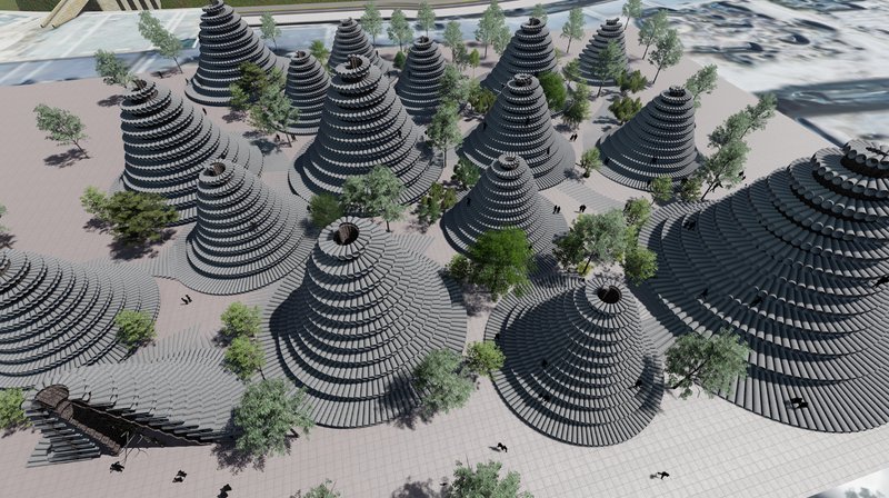 Top view of the hive’s conical structures, illustrating density, rhythm, and green integration.