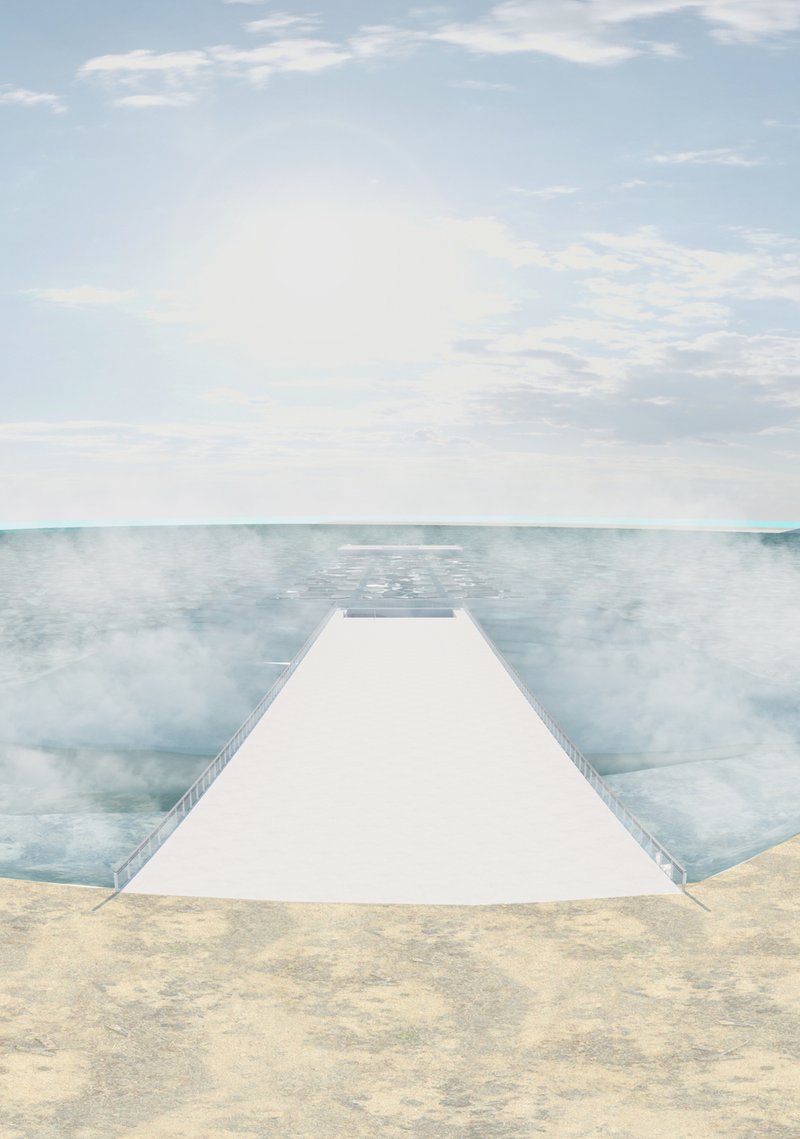 A long luminous entry ramp extends toward the sea, guiding visitors into the submerged Athenaeum.