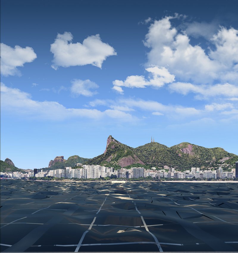 Ocean-level perspective framing the city skyline beyond the reflective VR grid beneath the water.