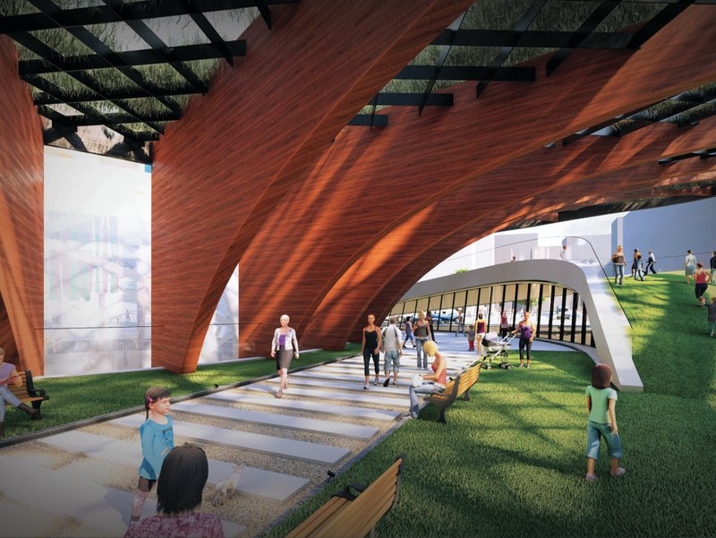 A shaded, climate-controlled pedestrian landscape where timber arches and green roofs create a safe community zone for families and children.