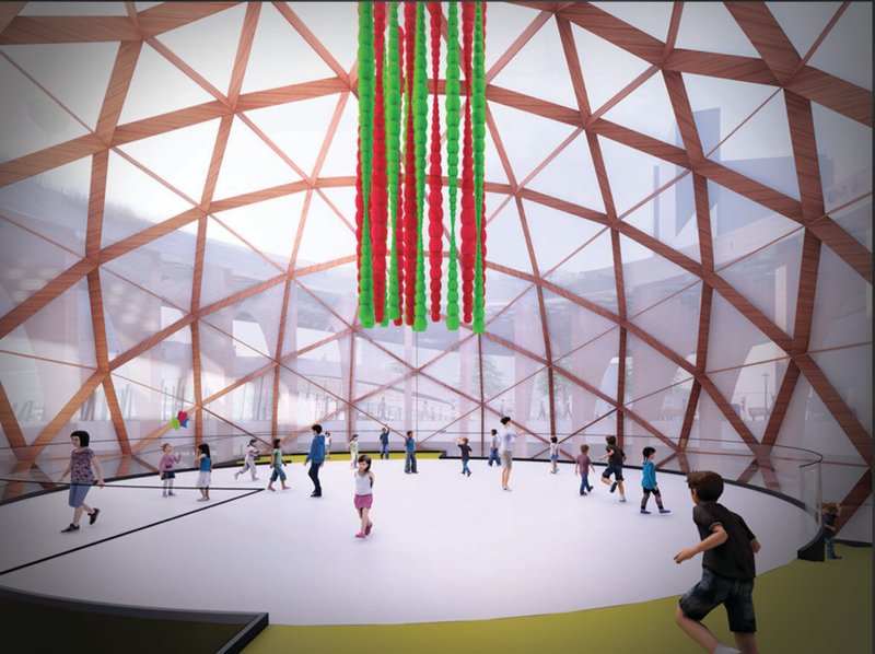 A bright timber-lattice dome designed as a playful, naturally lit interior where children engage in active learning and movement.