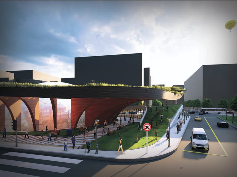 The building’s lifted green roof and sweeping wooden structure integrate seamlessly into the urban fabric, enhancing public life and climate comfort.