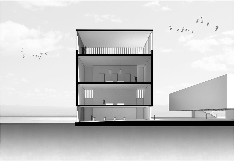 A vertical slice through the tower volume showing stacked program levels and panoramic upper-level views.
