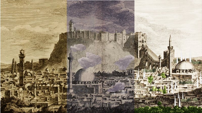 A visual transition from traditional Aleppo to its war-torn phase and toward a reimagined, unified future city.