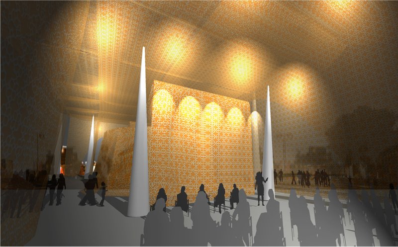 A warm, illuminated public space shaped by patterned textile canopies and sculptural pillars.