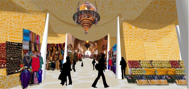 A contemporary reinterpretation of Aleppo’s historic market streets, layered with vibrant textiles and commerce.