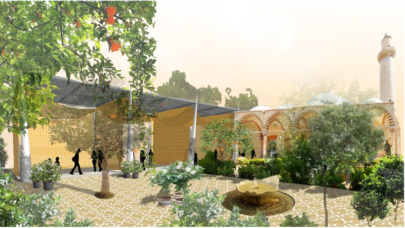 A flexible textile structure embedded within a lush courtyard, reconnecting people with nature and heritage.