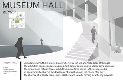 This architectural presentation board showcases a museum hall design with a focus on spatial flow an
