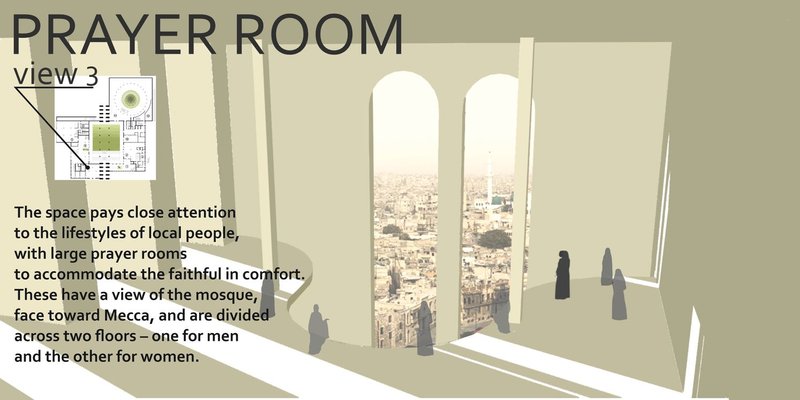 Elevated prayer rooms frame panoramic views of Aleppo, creating a serene spiritual space oriented toward Mecca.