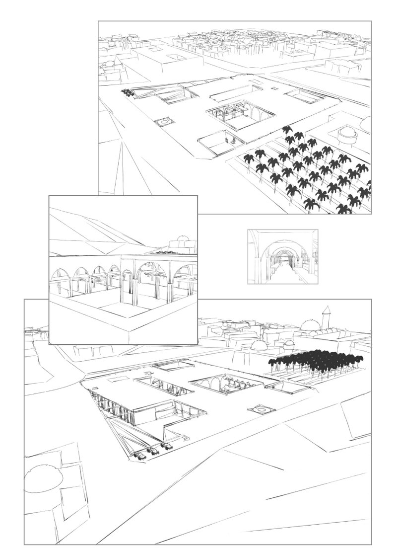 Aerial perspectives reveal the sunken courtyards and open cultural plazas.