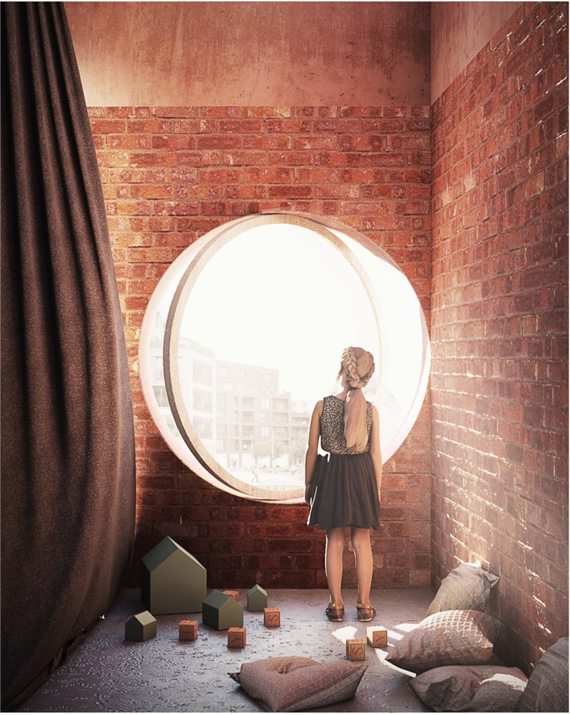 A warm activity nook where the solar brick wall diffuses soft daylight for a calming indoor atmosphere.