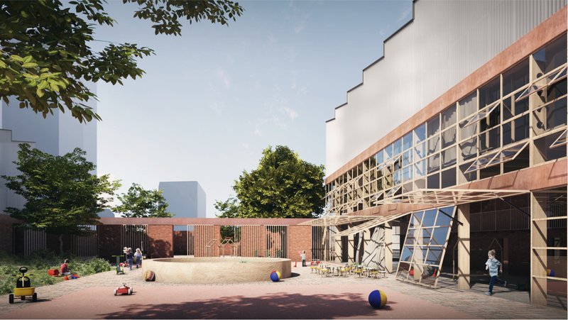 The inner courtyard forms a safe, sunlit play environment shielded from surrounding city noise.