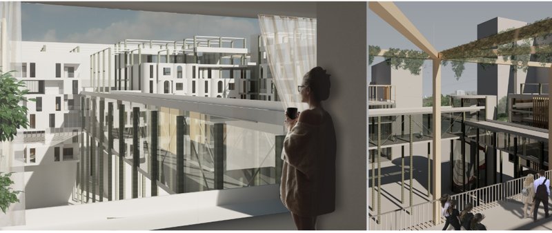 A warm interior view framing the interconnected courtyard, showcasing layered walkways, glass façades, and residential volumes.