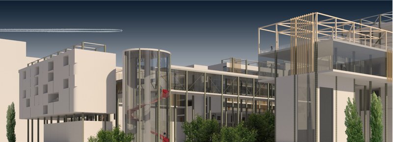 A dynamic public level with open pergolas, elevated walkways, and transparent circulation spaces linking residential clusters.