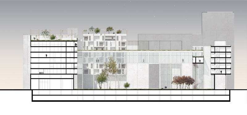 A refined urban façade combining solid residential blocks with transparent vertical circulation and roof-level pergola structures.