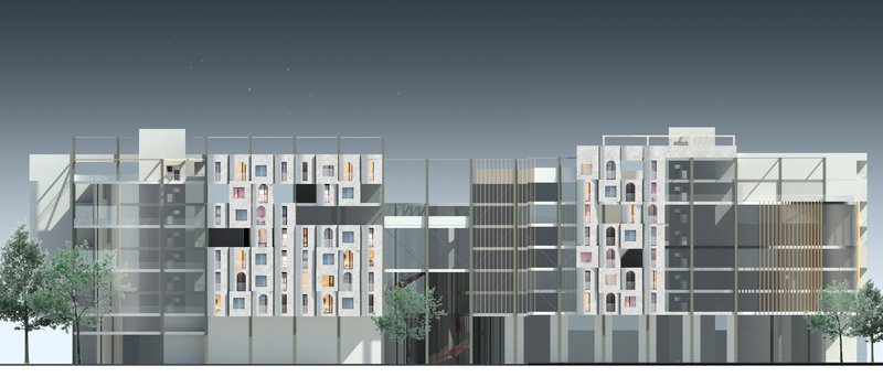 A detailed sectional drawing revealing multi-level residential units, public corridors, green terraces, and courtyard interfaces.