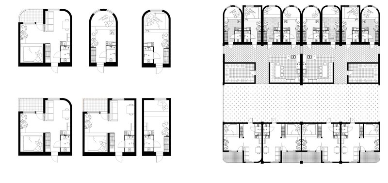A rhythmic elevation featuring modular openings, arched windows, and transparent connectors unifying the mixed-use complex.