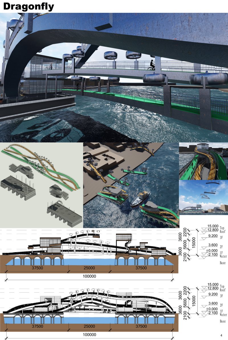 A detailed architectural breakdown of the Dragonfly Bridge showcasing its multi-level circulation, UAV-supported structure, modular construction system, and sectional elevations.