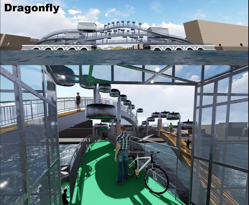 A dual-angle composition highlighting the bridge’s sweeping arches and the immersive cycling experience framed within its transparent structural shell.