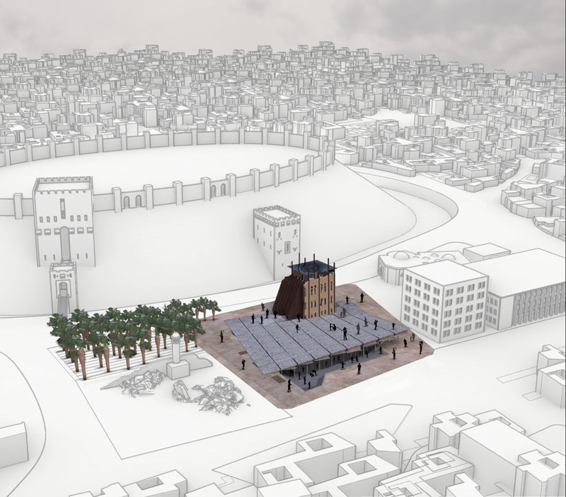 The proposed plaza forms a civic gateway between the city fabric and the ancient Aleppo Citadel.