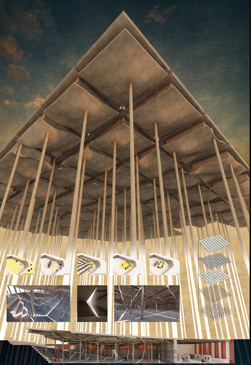 A forest of structural columns supports the floating roof, creating a monumental space of light and shadow.