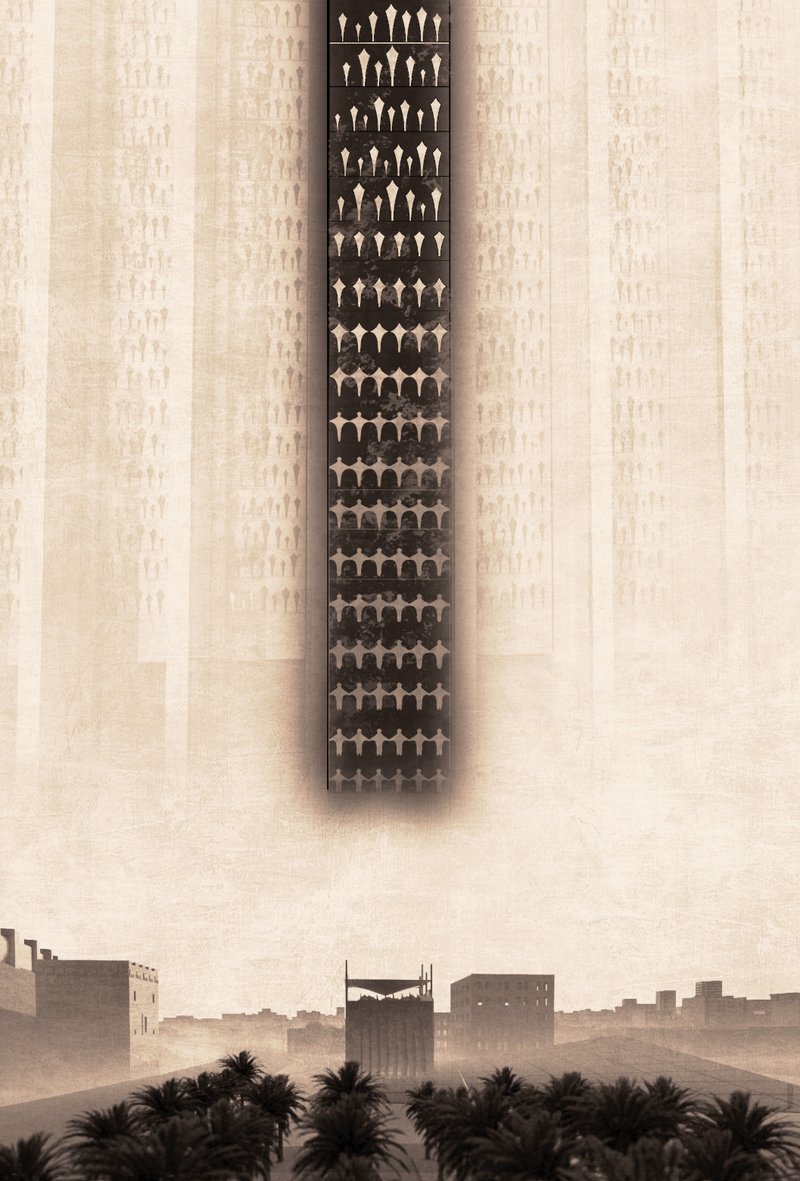 Vertical memory panels rise above the palm-lined axis, symbolizing the countless lives affected by war.