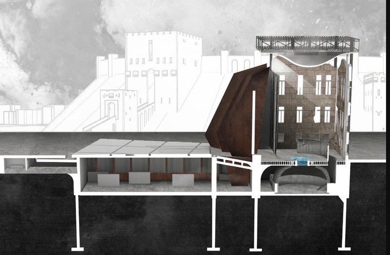 A sectional perspective exposes the layers of exhibition, public space, and preserved ruins integrated into the design.