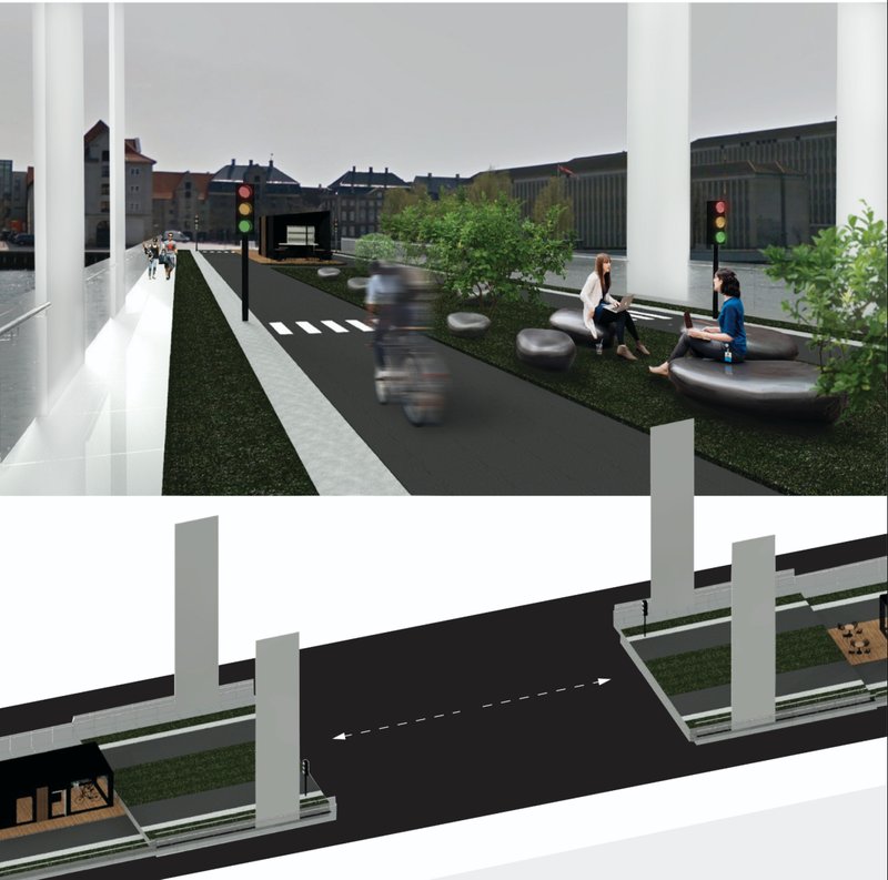 A landscaped rest zone offers sculptural seating beside the dedicated cycling path.