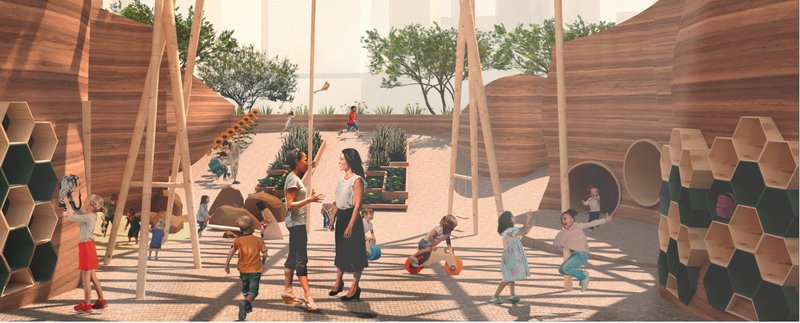 A children’s ecological play garden where learning, movement, and nature connect seamlessly through lush planting and sculpted desert forms.