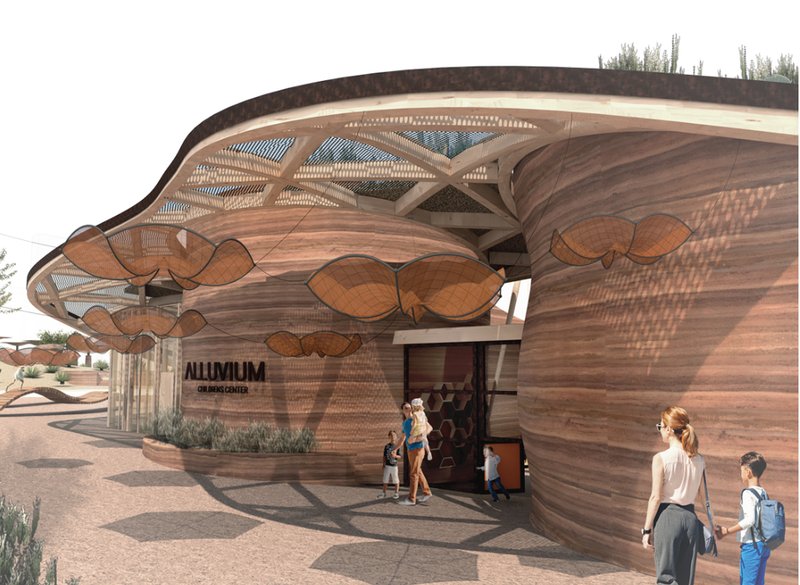 A welcoming rammed-earth childcare center with biomimetic shading canopies that filter light and guide families into the learning landscape.