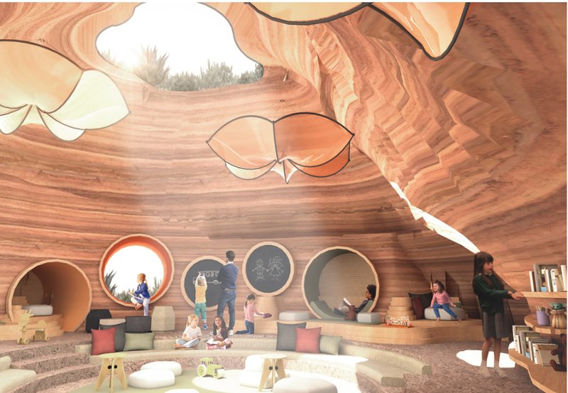 A naturally lit, cave-like learning space carved from earth, where children explore reading tunnels, creative nooks, and flexible seating terraces.