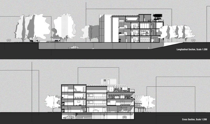 Detailed building sections showcasing spatial hierarchy, natural ventilation strategies, and climate-responsive design across all program levels.