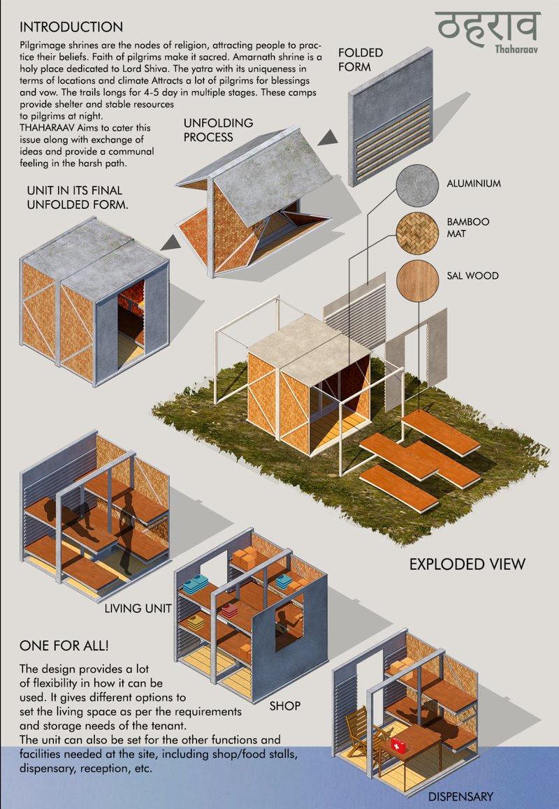 A foldable modular shelter unit demonstrating its origami-inspired unfolding process, materials, and programmatic flexibility for the Amarnath Yatra.