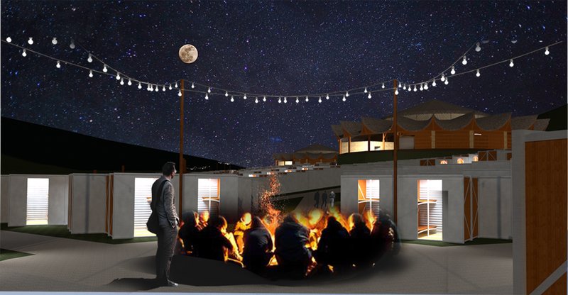 A night-time communal space where pilgrims gather around the bonfire, surrounded by illuminated modular shelters under a starlit sky.