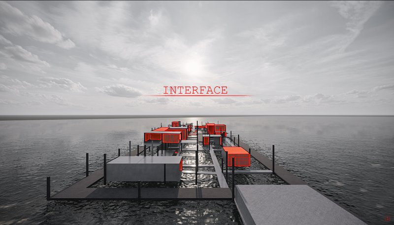 Aerial view of modular floating platforms connected by walkways extending into calm water under a hazy sky